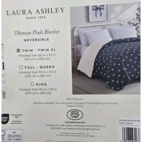 Laura Ashley Twin XL Bows Ivory And Blue Ultimate Plush Blanket Reversible 66x92 - Picture 6 of 9